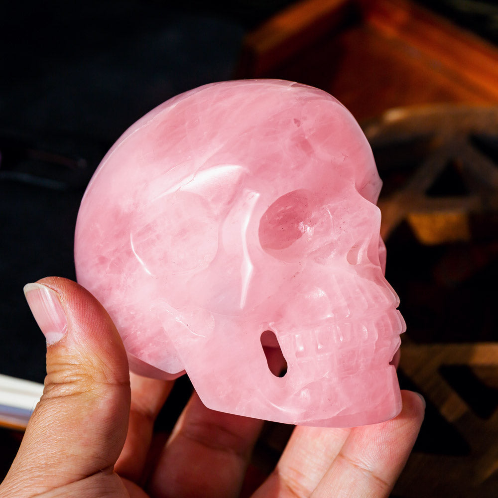Hollow Carving Rose Quartz Skull 4"